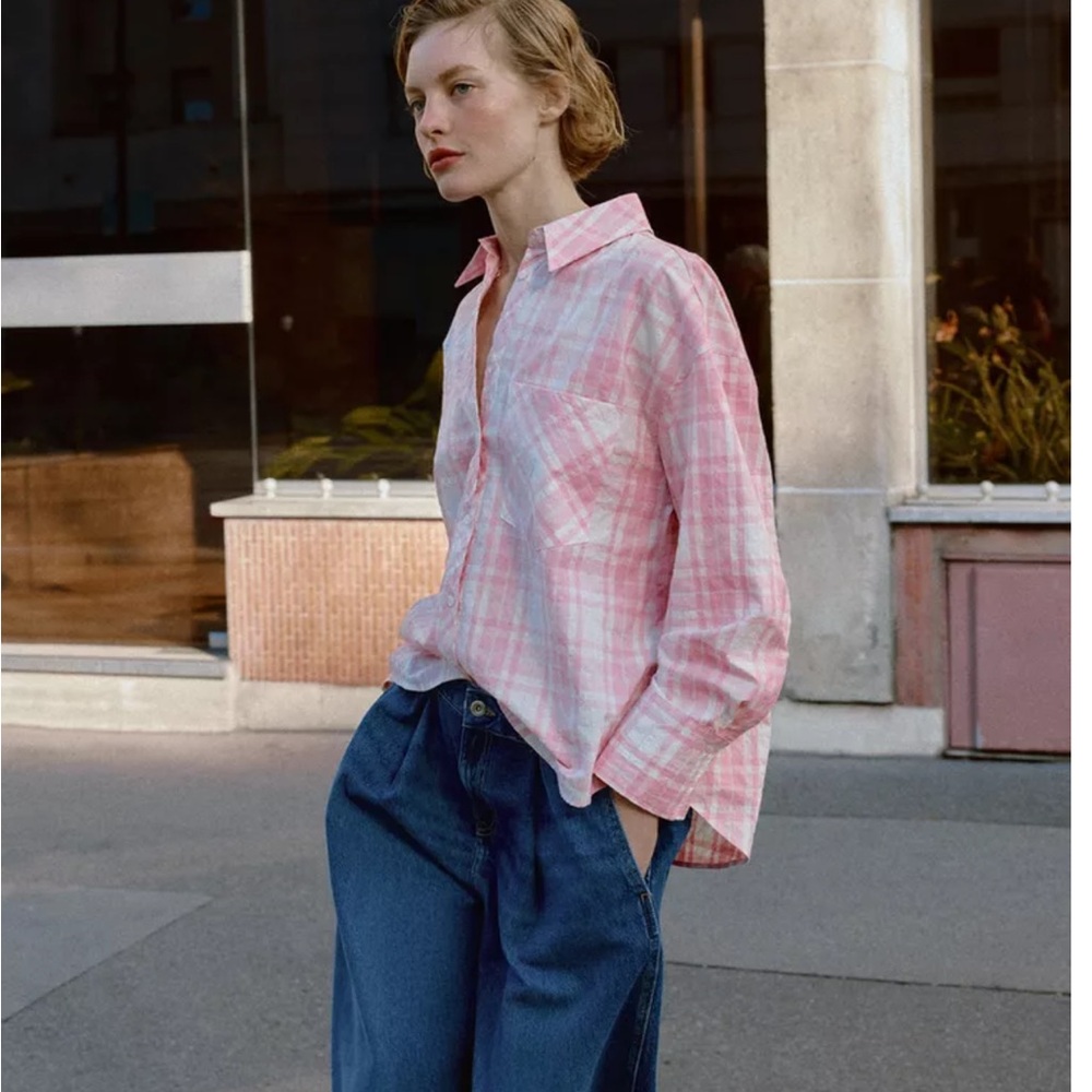 NWT Zara Pink White Oversized Plaid Shirt Check Button Up Flannel Womens Small